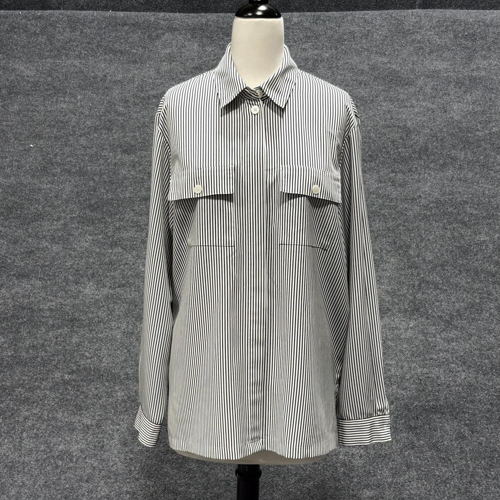 Chaus Shirt Womens 14 Black White Stripe Long Sleeve Button Front Blouse